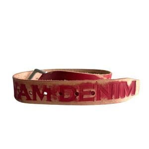 WAM Denim Red Distressed Real Leather Belt Made in Holland Debossed Logo Sz 85